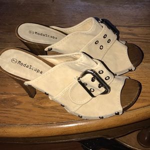 Wooden open toe slide heels